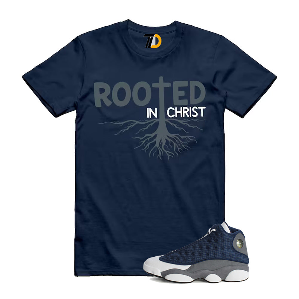 13s Flint Navy Grey White Shirt To Match Rooted In Christ T-Shirt 2026