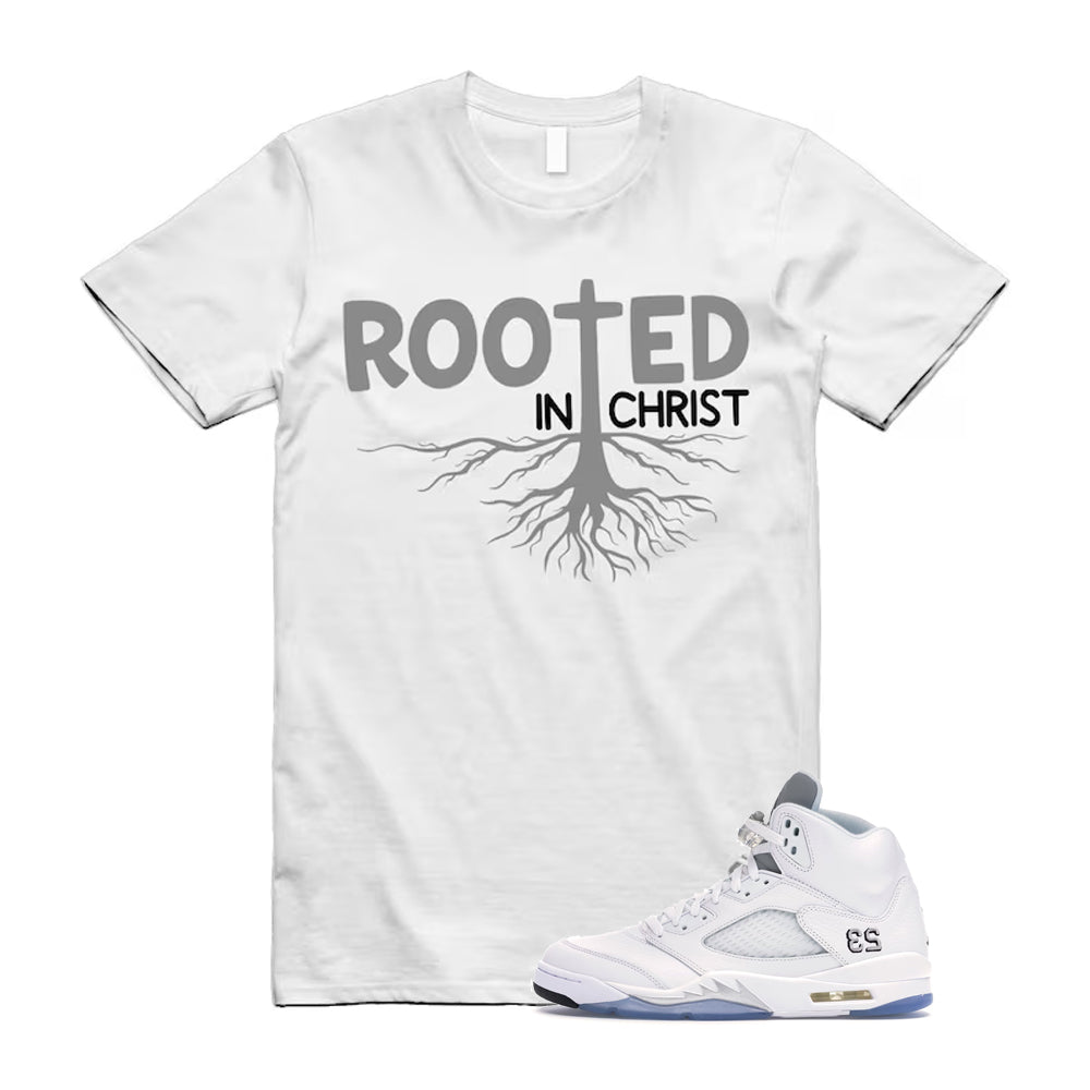 Jordan 5 Retro White Metallic Silver Black 2026 Shirt To Match Rooted In Christ T-Shirt