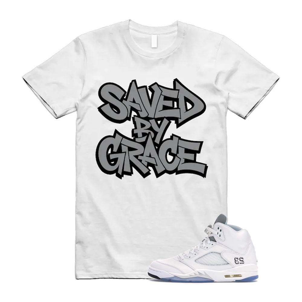 Jordan 5 Retro White Metallic Silver Black 2026 Shirt To Match Saved By Grace T-Shirt