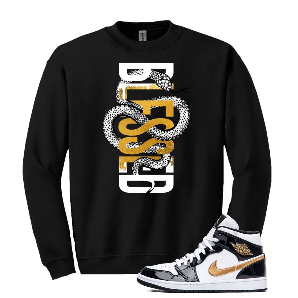 Jordan 1 Metallic Gold Patent Black White Sneaker Blessed Snack Sweatshirt Match 852542-007 Match Sneaker Tee