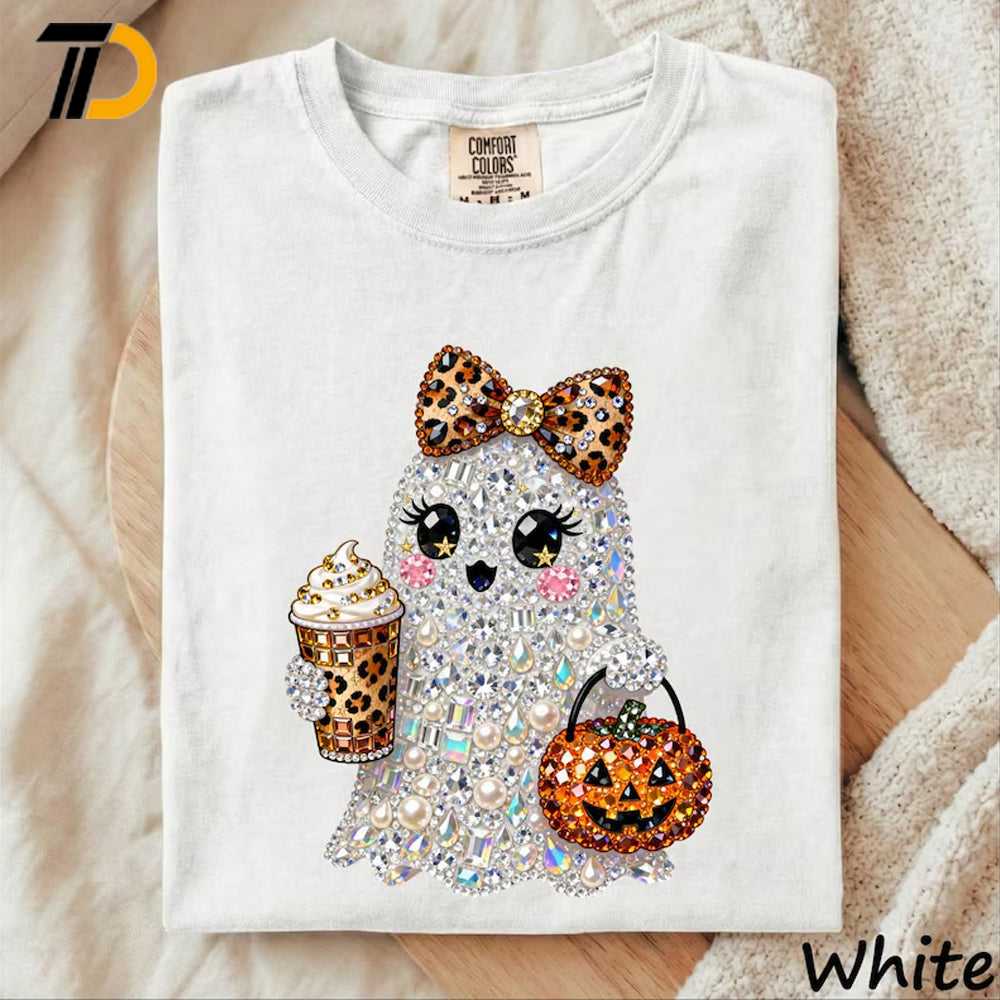 Rhinestone Glam Ghost Halloween Shirt, Sparkly Girly Spooky Season Comfort Colors Shirt, Cute Halloween Shirt For Girl