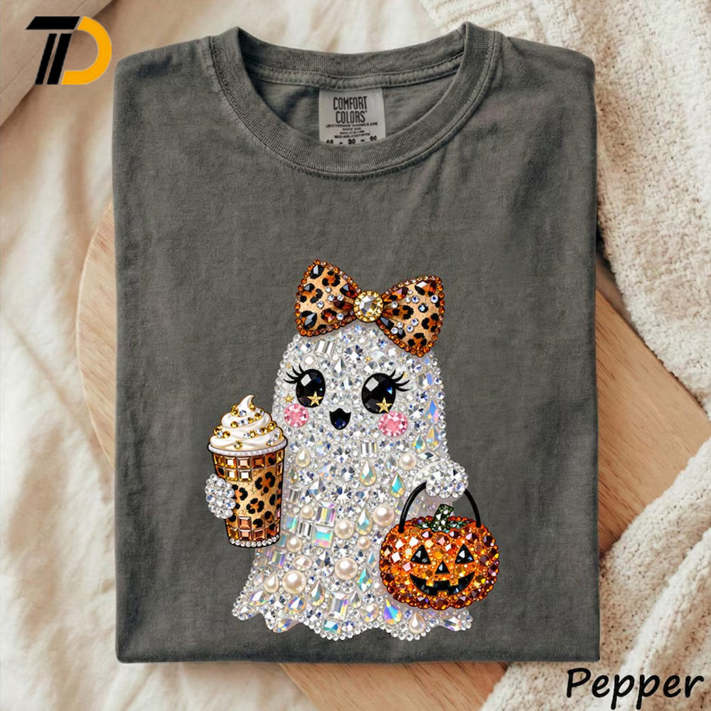 Rhinestone Glam Ghost Halloween Shirt, Sparkly Girly Spooky Season Comfort Colors Shirt, Cute Halloween Shirt For Girl