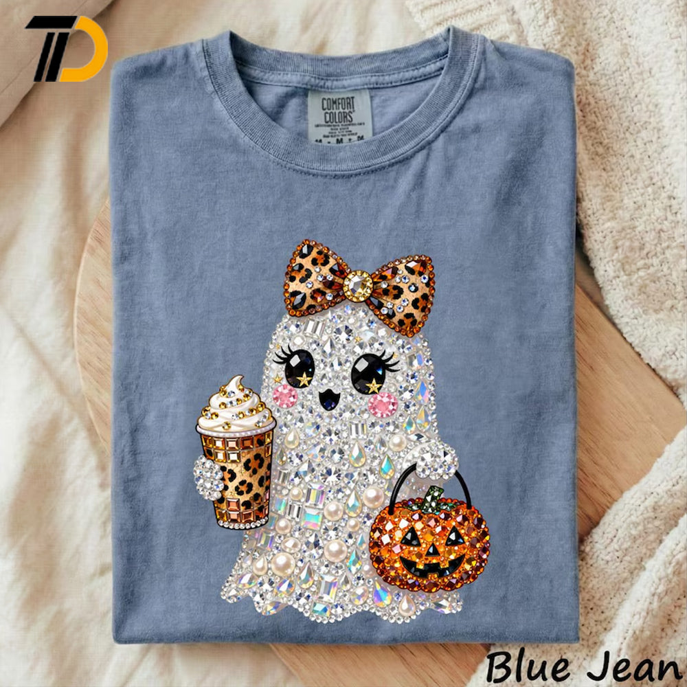 Rhinestone Glam Ghost Halloween Shirt, Sparkly Girly Spooky Season Comfort Colors Shirt, Cute Halloween Shirt For Girl