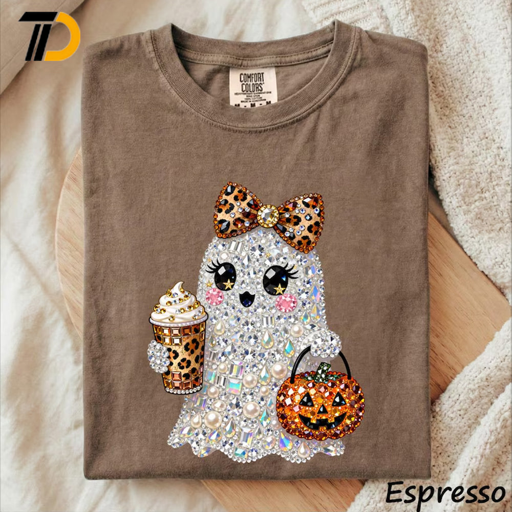 Rhinestone Glam Ghost Halloween Shirt, Sparkly Girly Spooky Season Comfort Colors Shirt, Cute Halloween Shirt For Girl