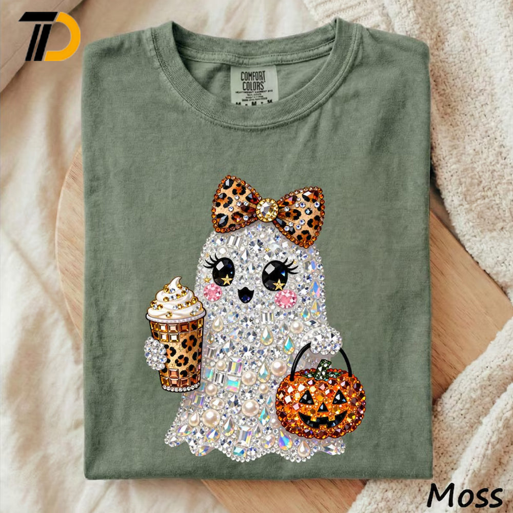 Rhinestone Glam Ghost Halloween Shirt, Sparkly Girly Spooky Season Comfort Colors Shirt, Cute Halloween Shirt For Girl