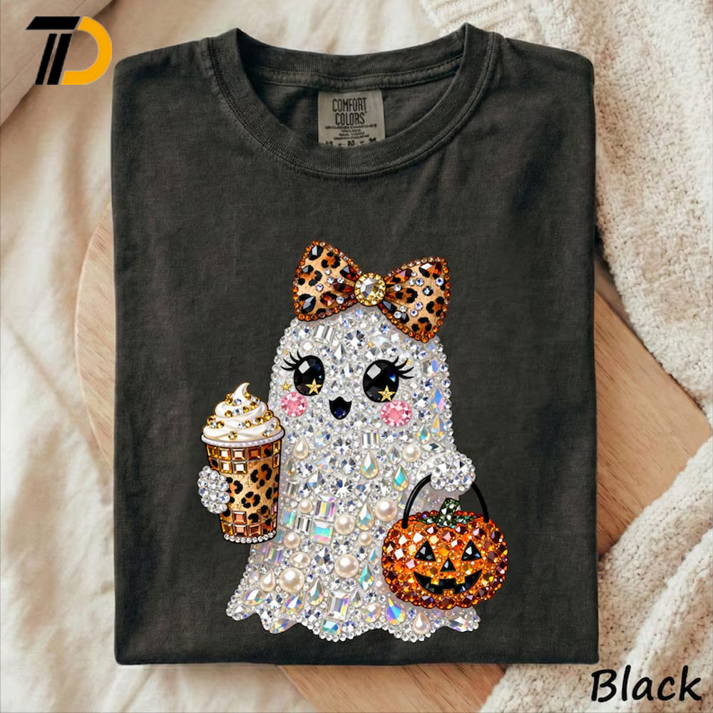 Rhinestone Glam Ghost Halloween Shirt, Sparkly Girly Spooky Season Comfort Colors Shirt, Cute Halloween Shirt For Girl