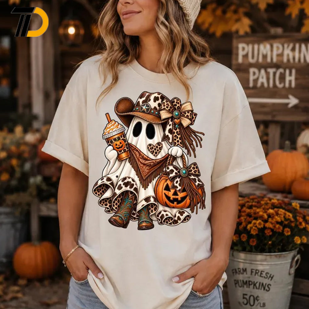 Cowgirl Ghost Halloween Shirt, Comfort Colors Shirt, Western Pumpkin Leopard Print Tee Spooky Country Fall Shirt For Girl, Western Cowgirl Gift