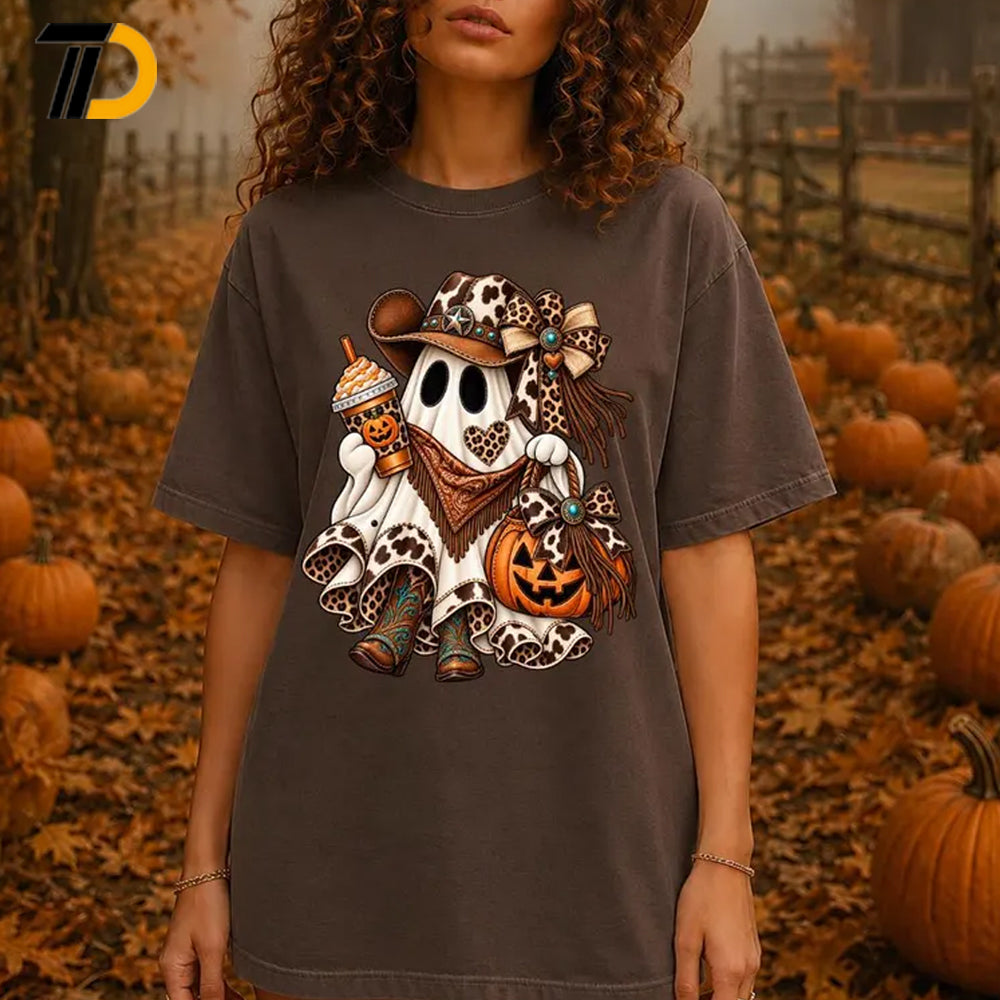 Cowgirl Ghost Halloween Shirt, Comfort Colors Shirt, Western Pumpkin Leopard Print Tee Spooky Country Fall Shirt For Girl, Western Cowgirl Gift
