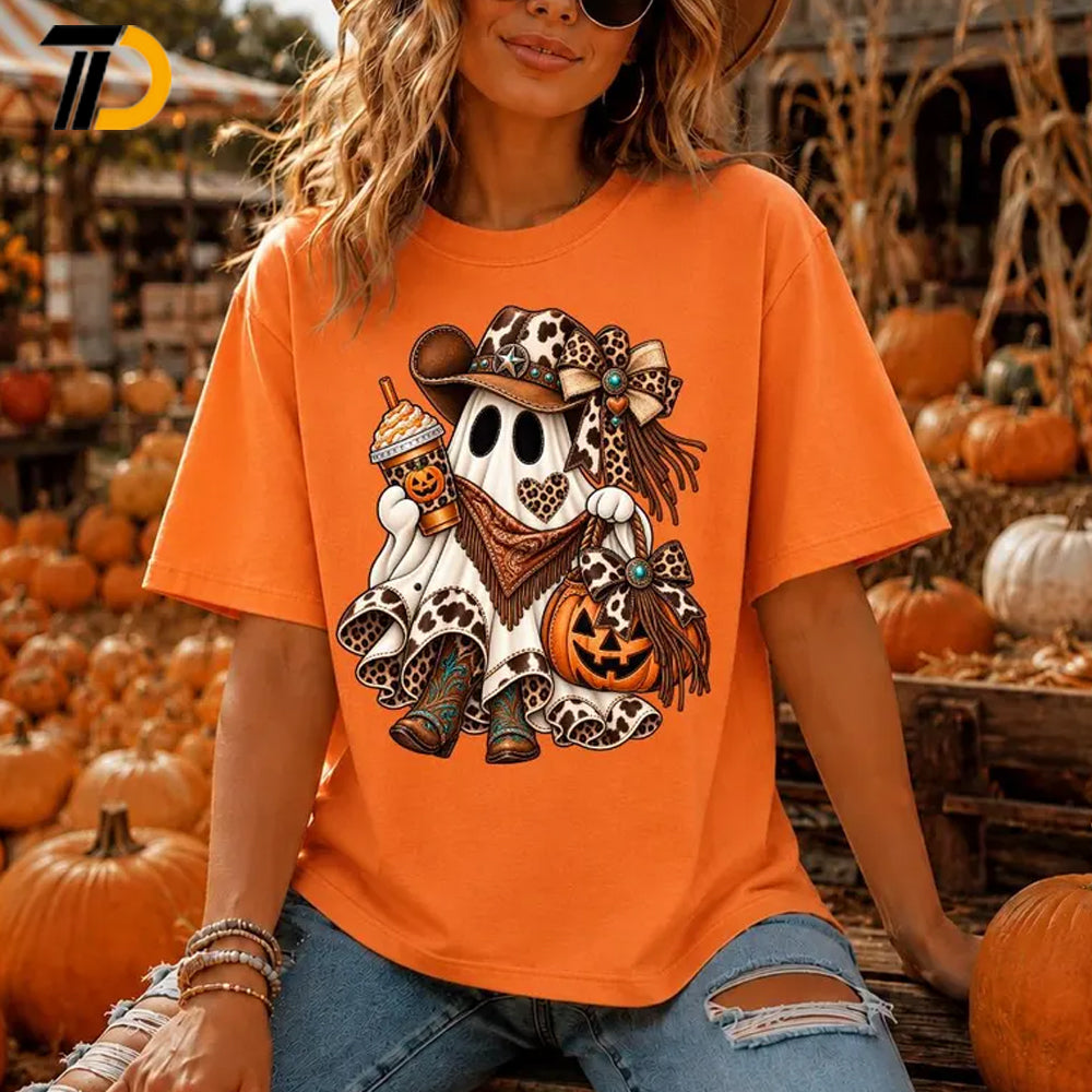 Cowgirl Ghost Halloween Shirt, Comfort Colors Shirt, Western Pumpkin Leopard Print Tee Spooky Country Fall Shirt For Girl, Western Cowgirl Gift