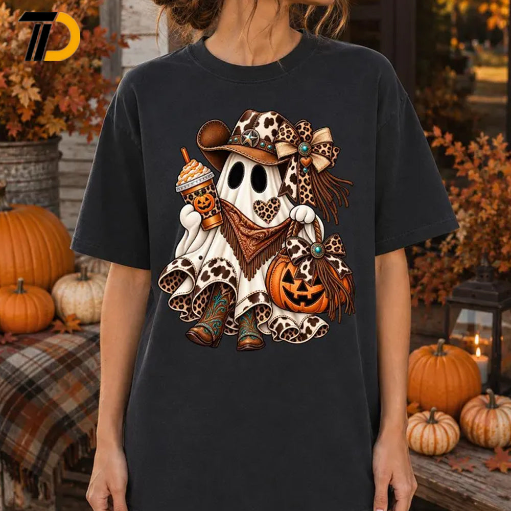 Cowgirl Ghost Halloween Shirt, Comfort Colors Shirt, Western Pumpkin Leopard Print Tee Spooky Country Fall Shirt For Girl, Western Cowgirl Gift