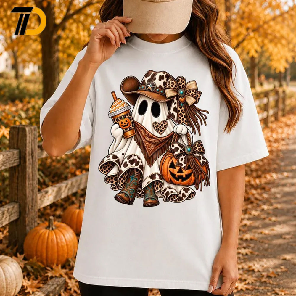 Cowgirl Ghost Halloween Shirt, Comfort Colors Shirt, Western Pumpkin Leopard Print Tee Spooky Country Fall Shirt For Girl, Western Cowgirl Gift