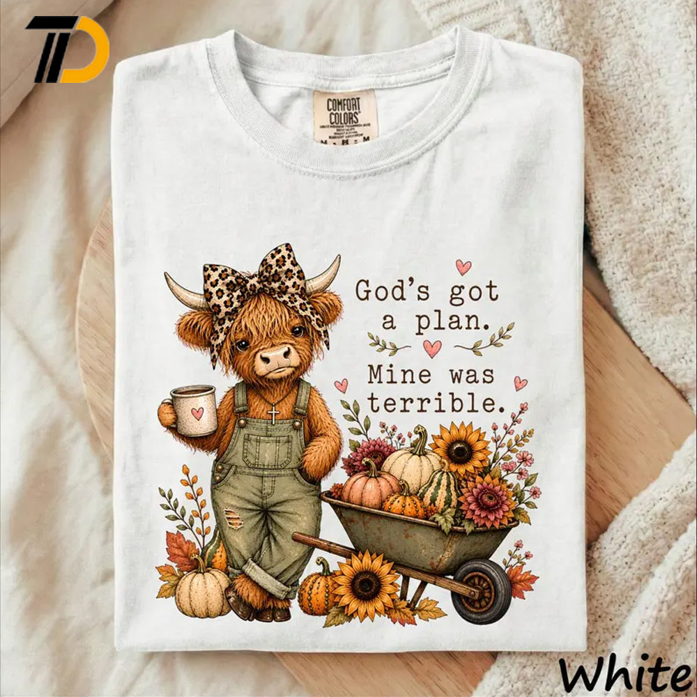 Comfort Colors Shirt, God's Got A Plan Mine Was Terrible Cute Highland Cow Coquette Bow Shirt, Funny Christian Shirt For Girl