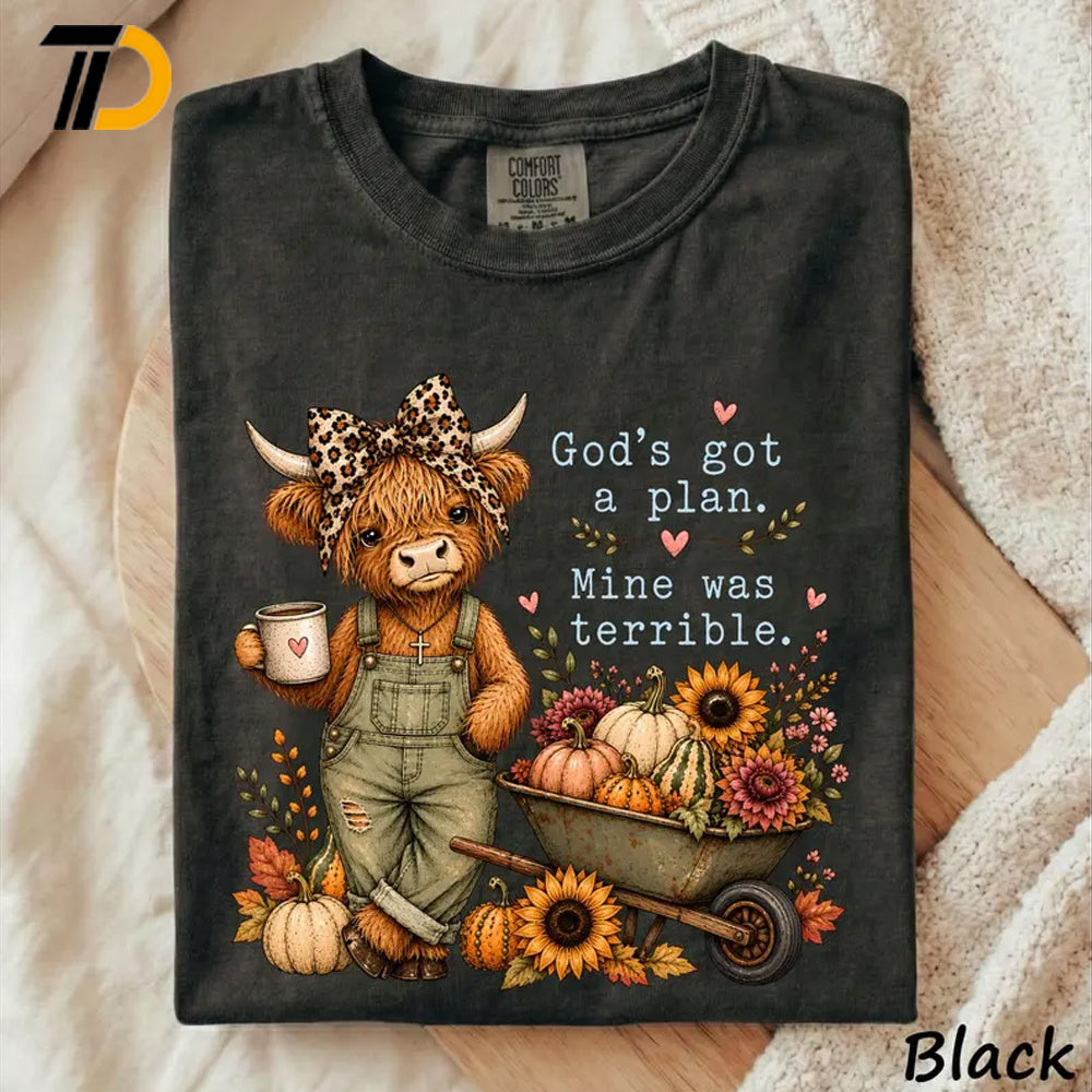Comfort Colors Shirt, God's Got A Plan Mine Was Terrible Cute Highland Cow Coquette Bow Shirt, Funny Christian Shirt For Girl