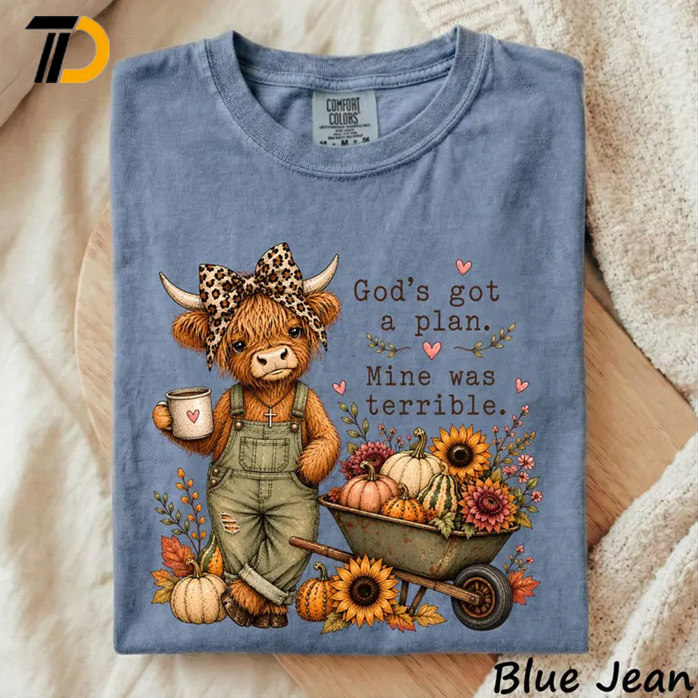 Comfort Colors Shirt, God's Got A Plan Mine Was Terrible Cute Highland Cow Coquette Bow Shirt, Funny Christian Shirt For Girl