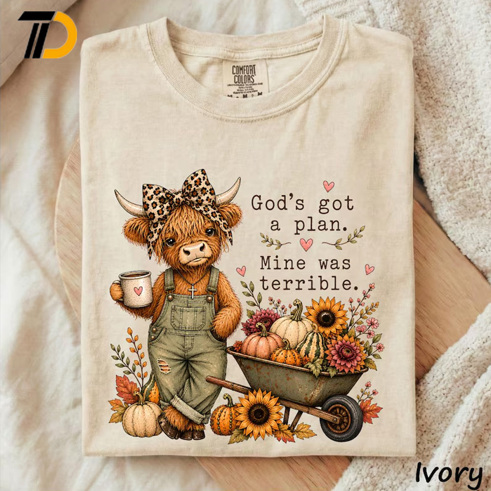 Comfort Colors Shirt, God's Got A Plan Mine Was Terrible Cute Highland Cow Coquette Bow Shirt, Funny Christian Shirt For Girl
