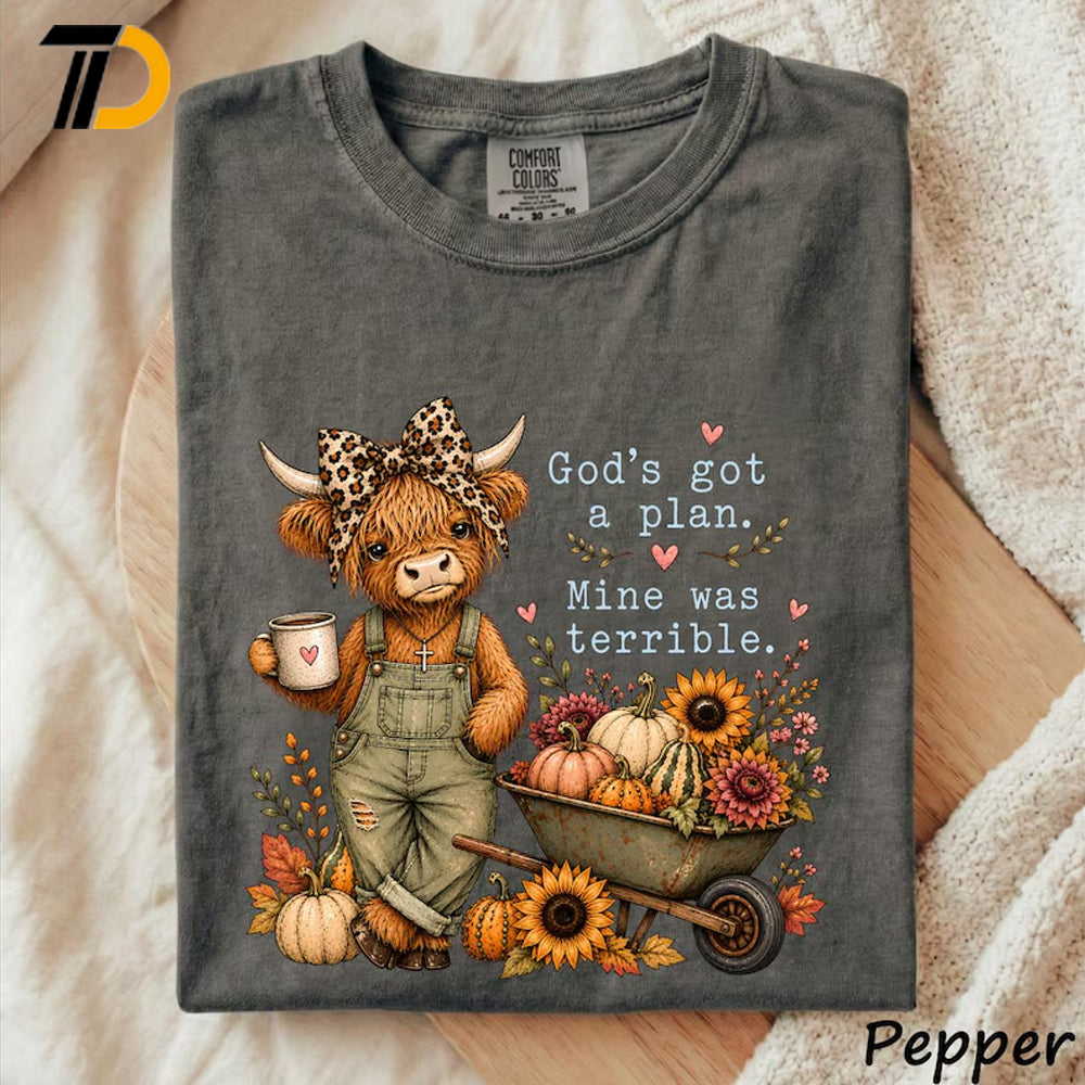 Comfort Colors Shirt, God's Got A Plan Mine Was Terrible Cute Highland Cow Coquette Bow Shirt, Funny Christian Shirt For Girl