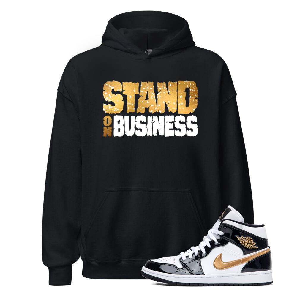 Jordan 1 Metallic Gold Patent Black White Sneaker Standing On Business Hoodie Match 852542-007 Match Sneaker Tee