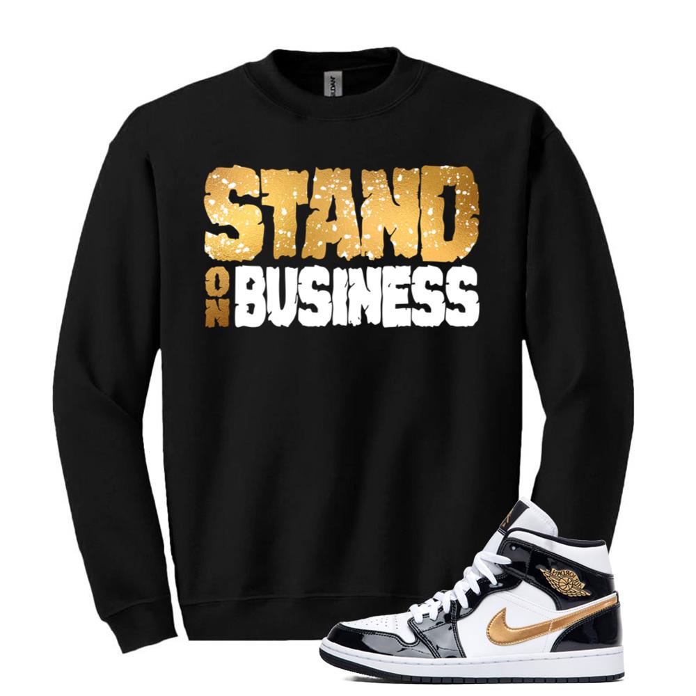 Jordan 1 Metallic Gold Patent Black White Sneaker Standing On Business Sweatshirt Match 852542-007 Match Sneaker Tee