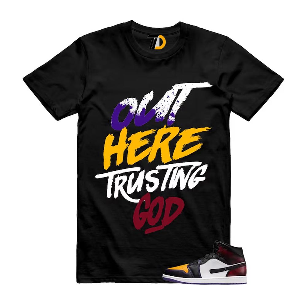 1 LA to Chicago Black White Red Court Purple Yellow Mid Shirt To Match Out Here Trusting God T-Shirt 2026