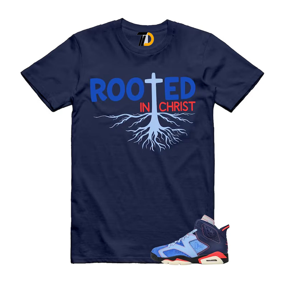 6 Blueberry Awake NY Midnight Navy Infrared 23 Game Shirt To Match Rooted In Christ T-Shirt 2026