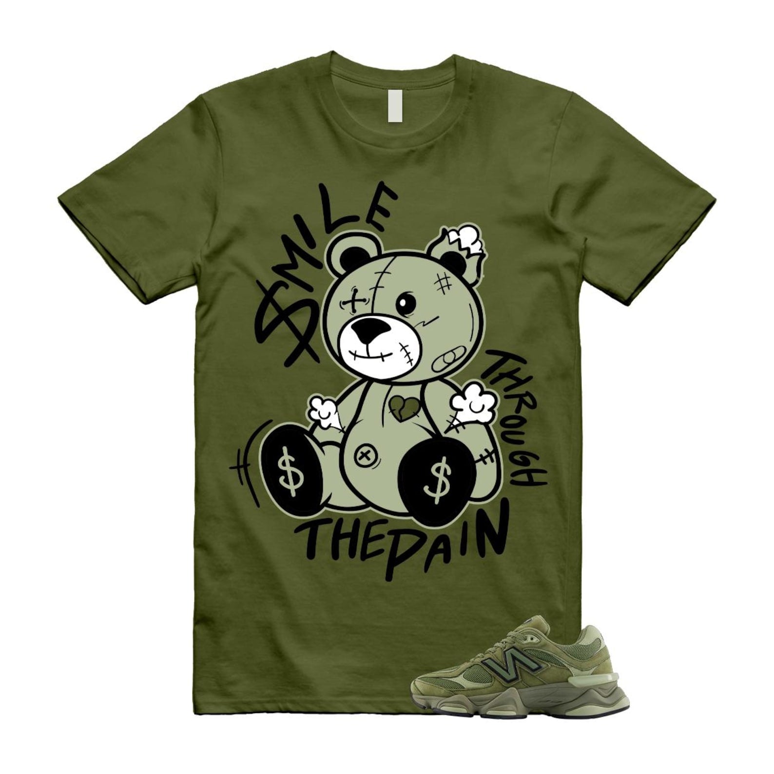 New Balance 9060 Dark Olivine Green Olive Shirt To Match Smile Through The Pain T-Shirt 2025