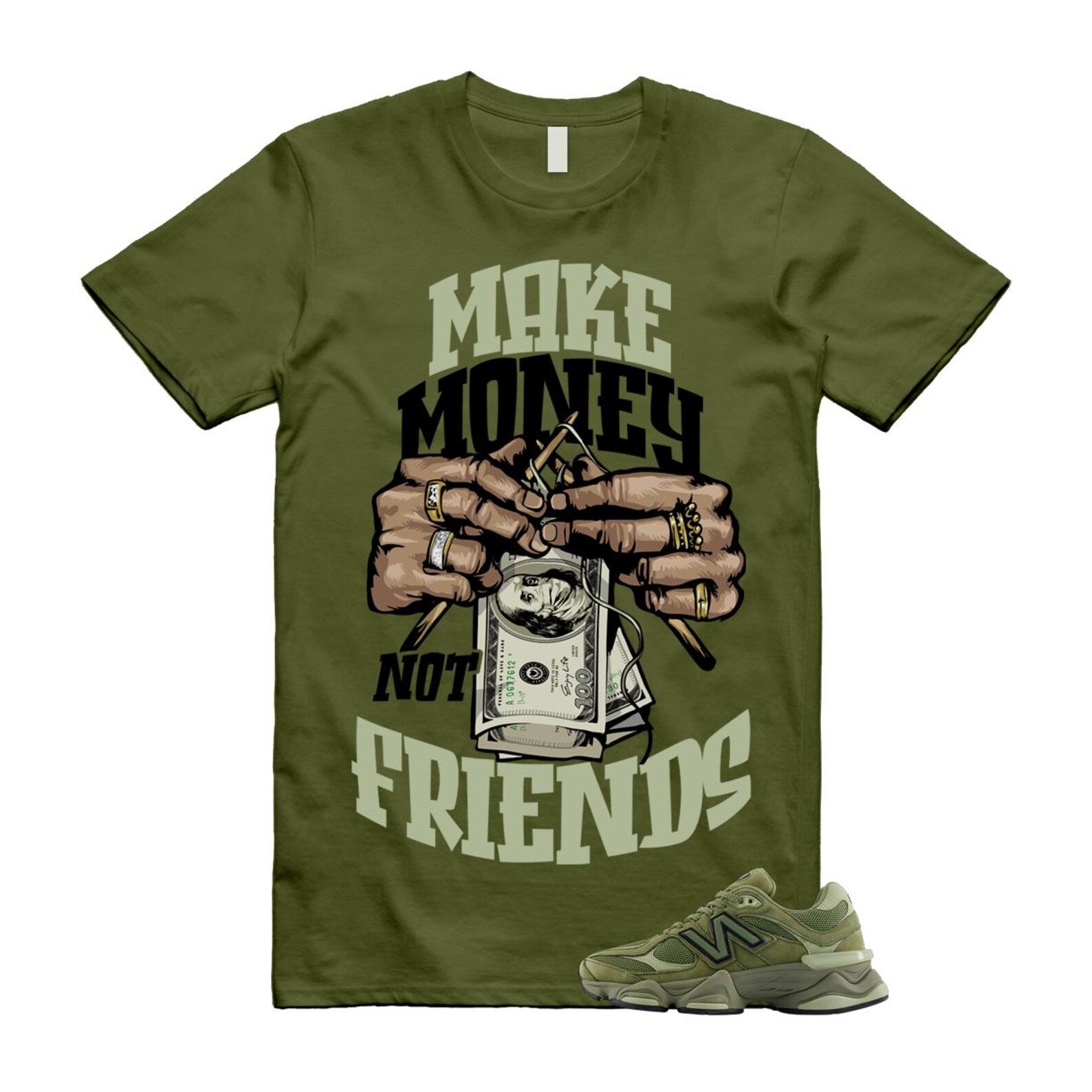 New Balance 9060 Dark Olivine Green Olive Shirt To Match Make Money T-Shirt 2025