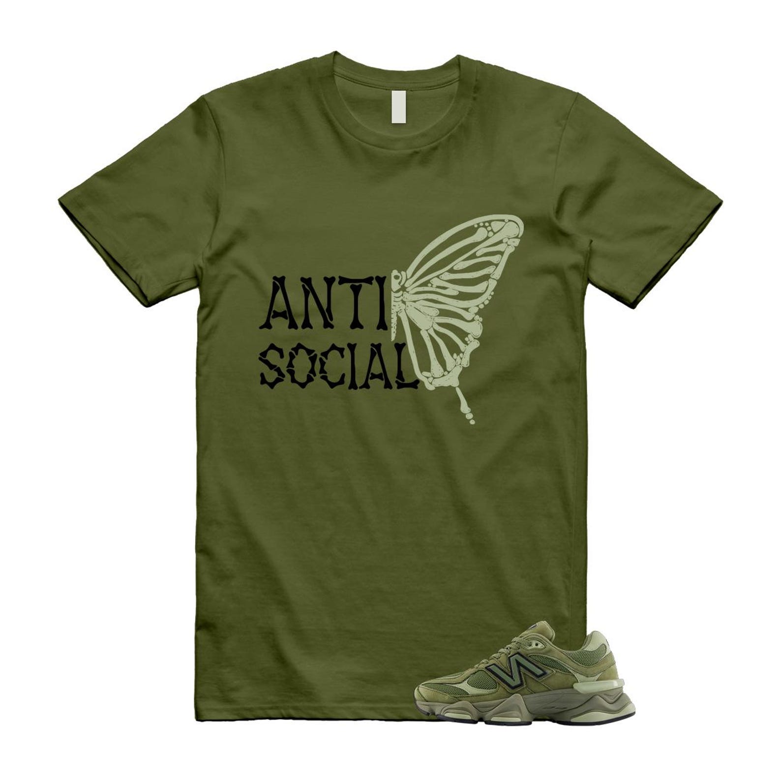 New Balance 9060 Dark Olivine Green Olive Shirt To Match Anti Social Butterfly T-Shirt 2025